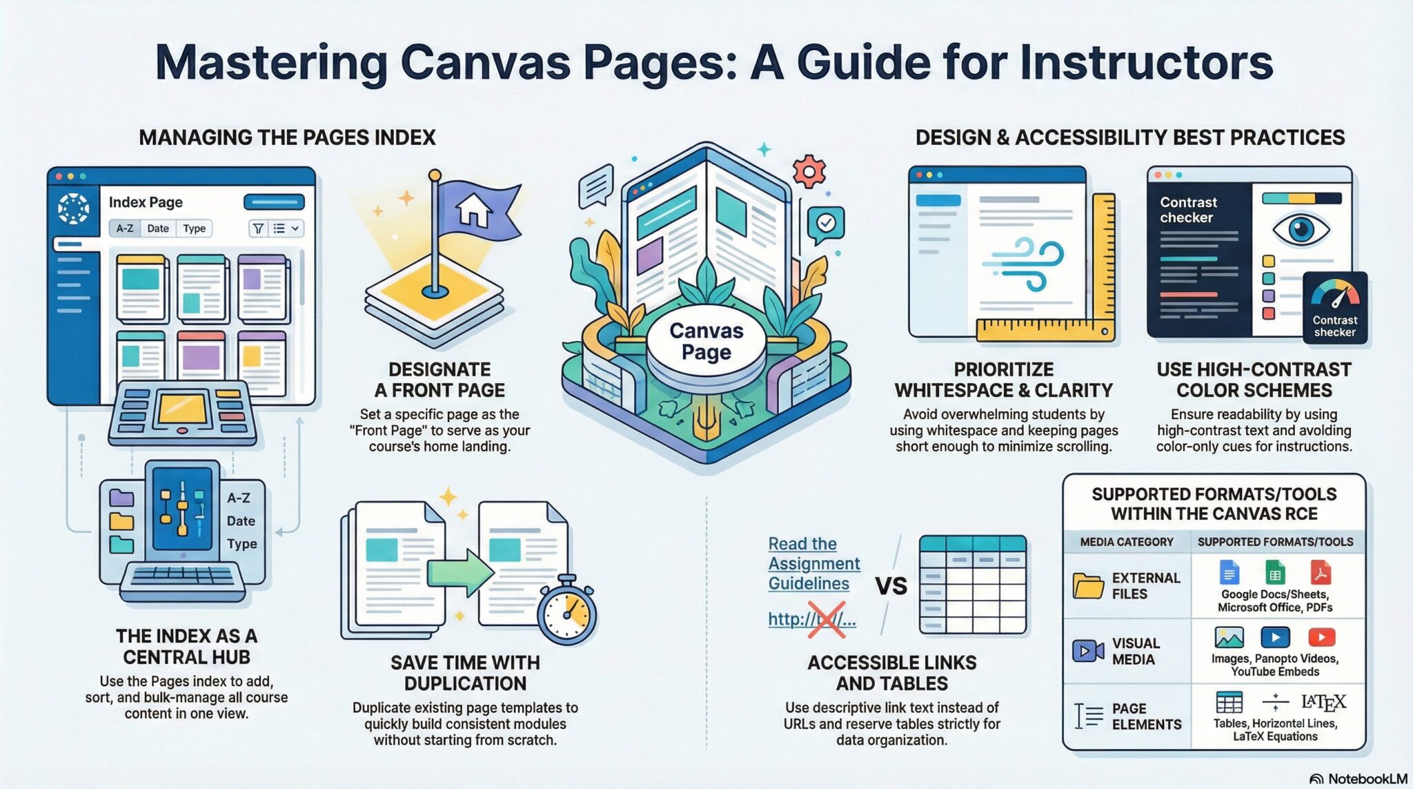 An infographic titled 'Mastering Canvas Pages: A Guide for Instructors.' It details best practices for the Canvas Pages tool, including managing the Pages Index, designating a Front Page, and saving time via duplication. The right side emphasizes design and accessibility, such as prioritizing whitespace, using high-contrast colors, and creating accessible links. A table at the bottom highlights supported formats in the Rich Content Editor, including external files, visual media, and page elements like tables and LaTeX equations.