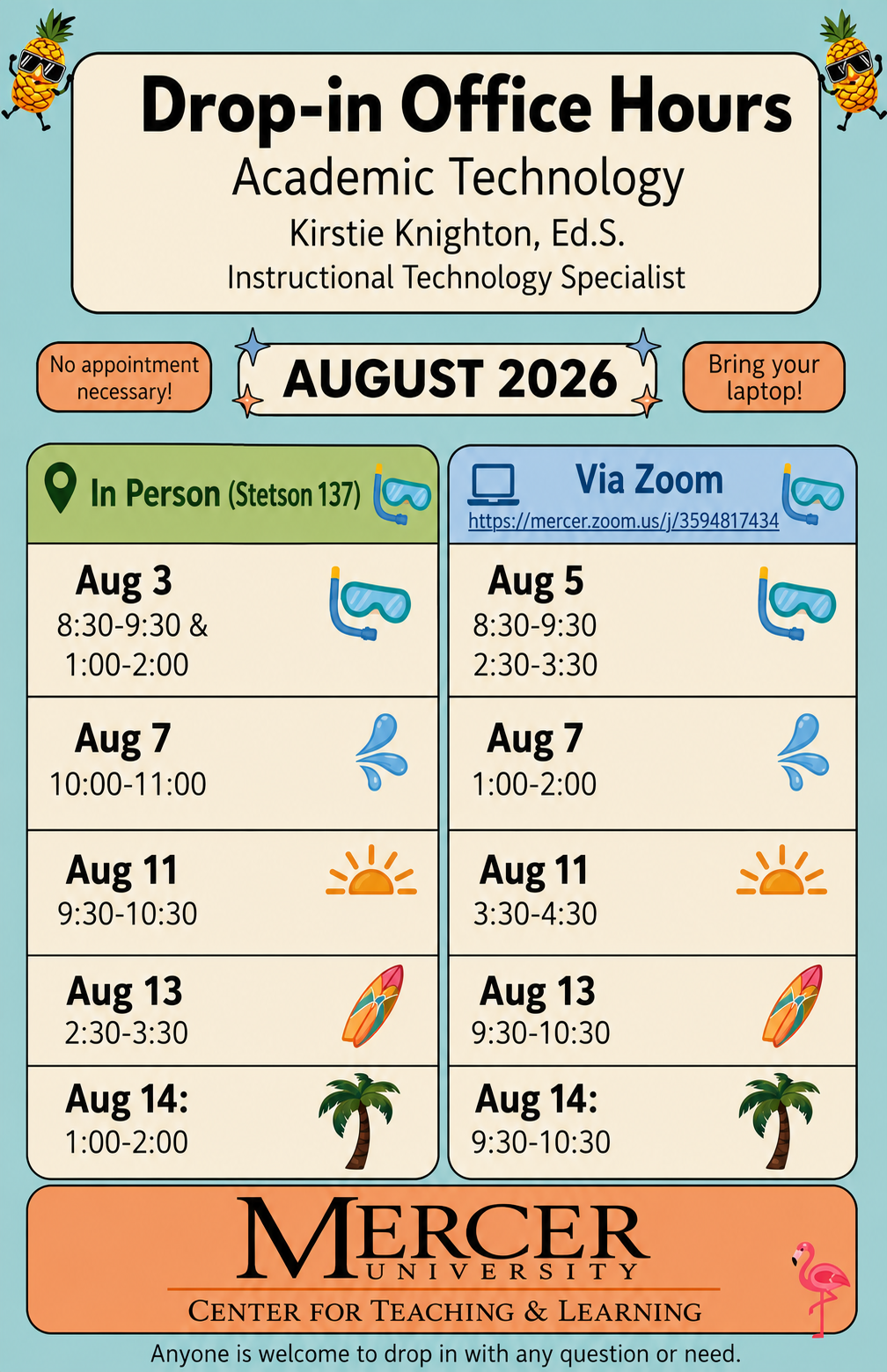 August 2026 Academic Technology Drop-in Office Hours Schedule