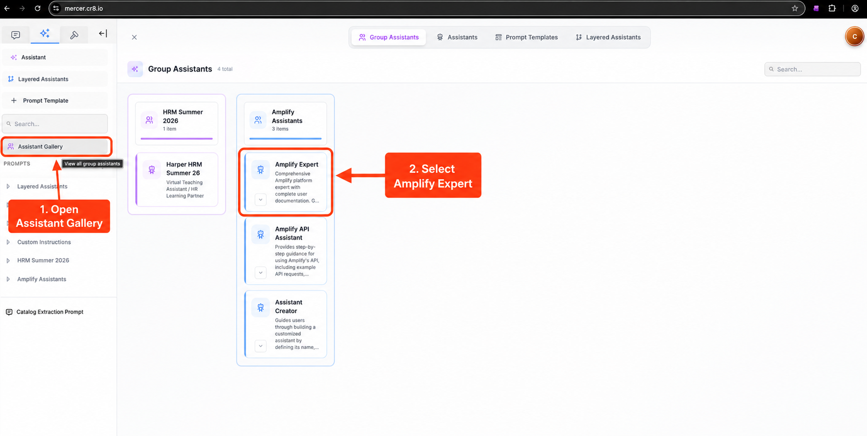 Annotated screenshot showing how to open the Assistant Gallery and select Amplify Expert in AmplifyAI.