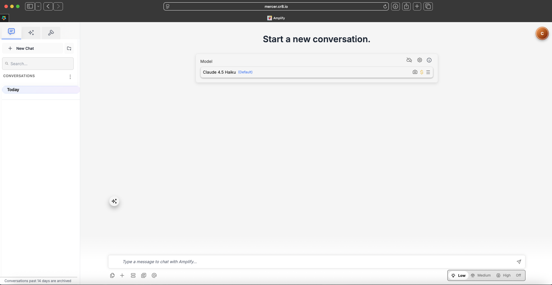 AmplifyAI home screen showing the Conversations tab, New Chat button, conversation history, selected model, message box, attachment controls, reasoning control, and profile icon.