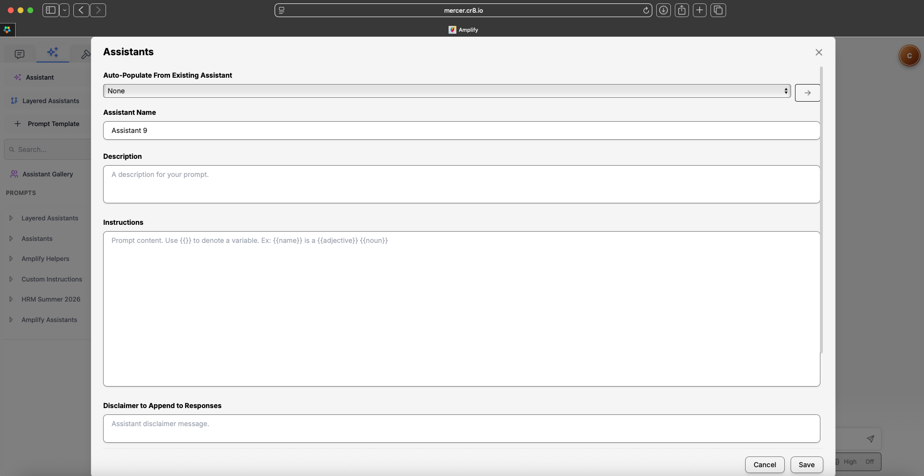 Assistant builder showing fields for assistant name, description, instructions, and a response disclaimer.