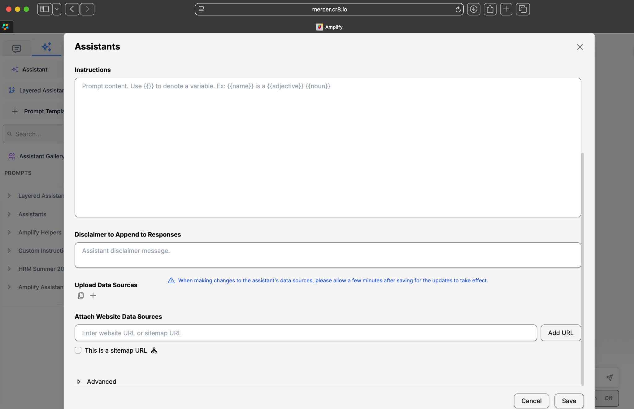 Assistant builder showing uploaded data sources, website sources, sitemap options, and advanced settings.