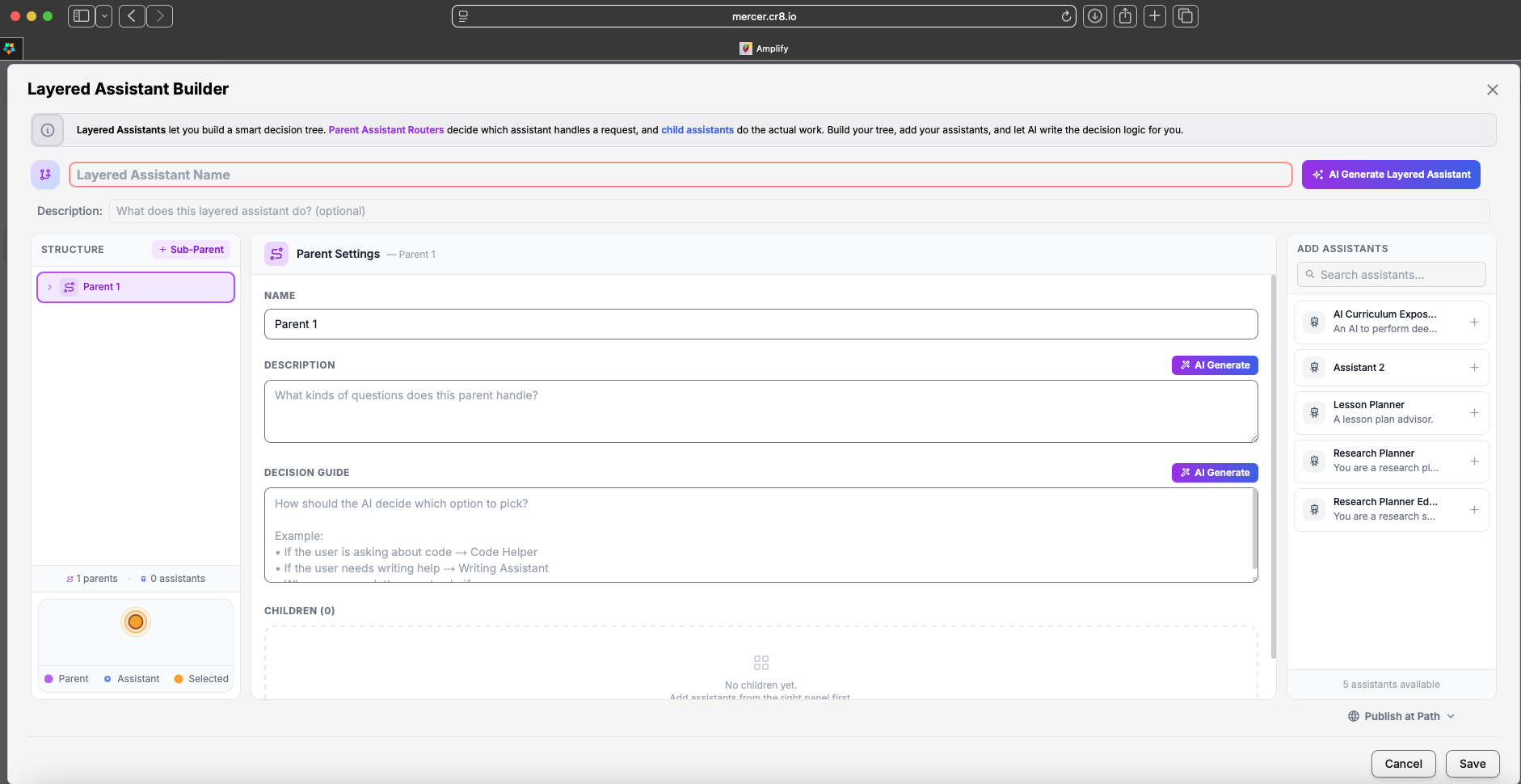 Layered Assistant Builder showing a main assistant connected to several specialized assistants and a publishing path.