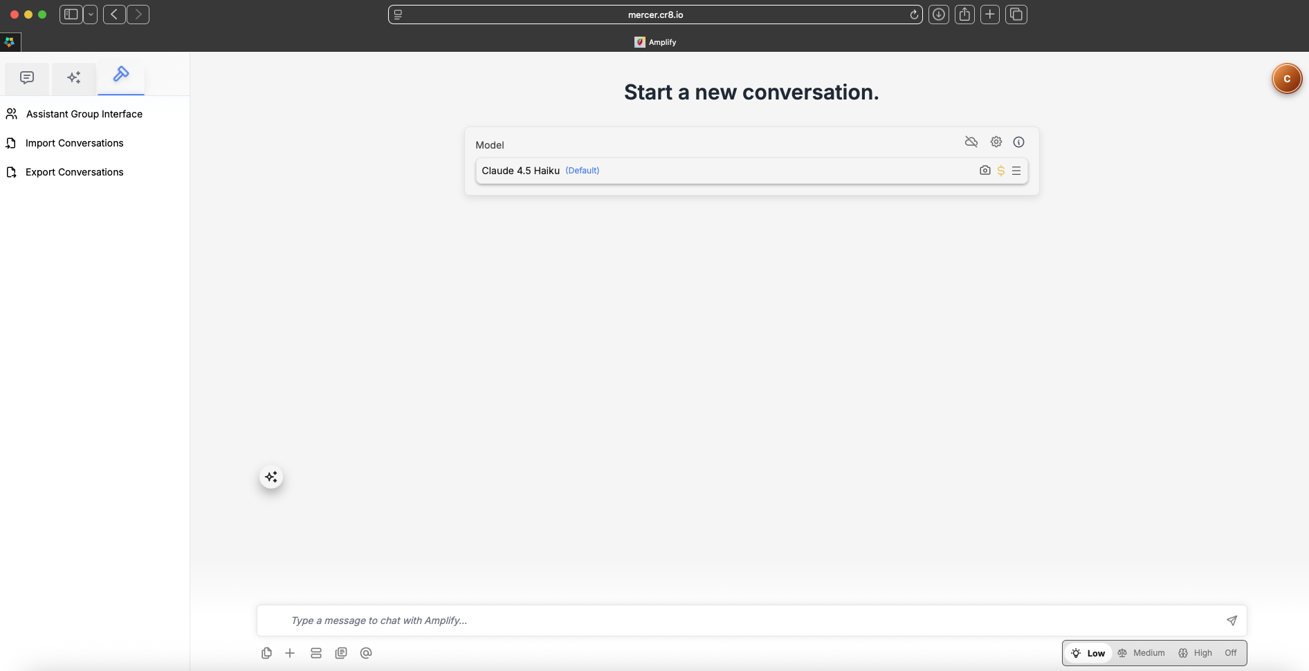 AmplifyAI group and transfer area showing Assistant Group Interface, Import Conversations, and Export Conversations.