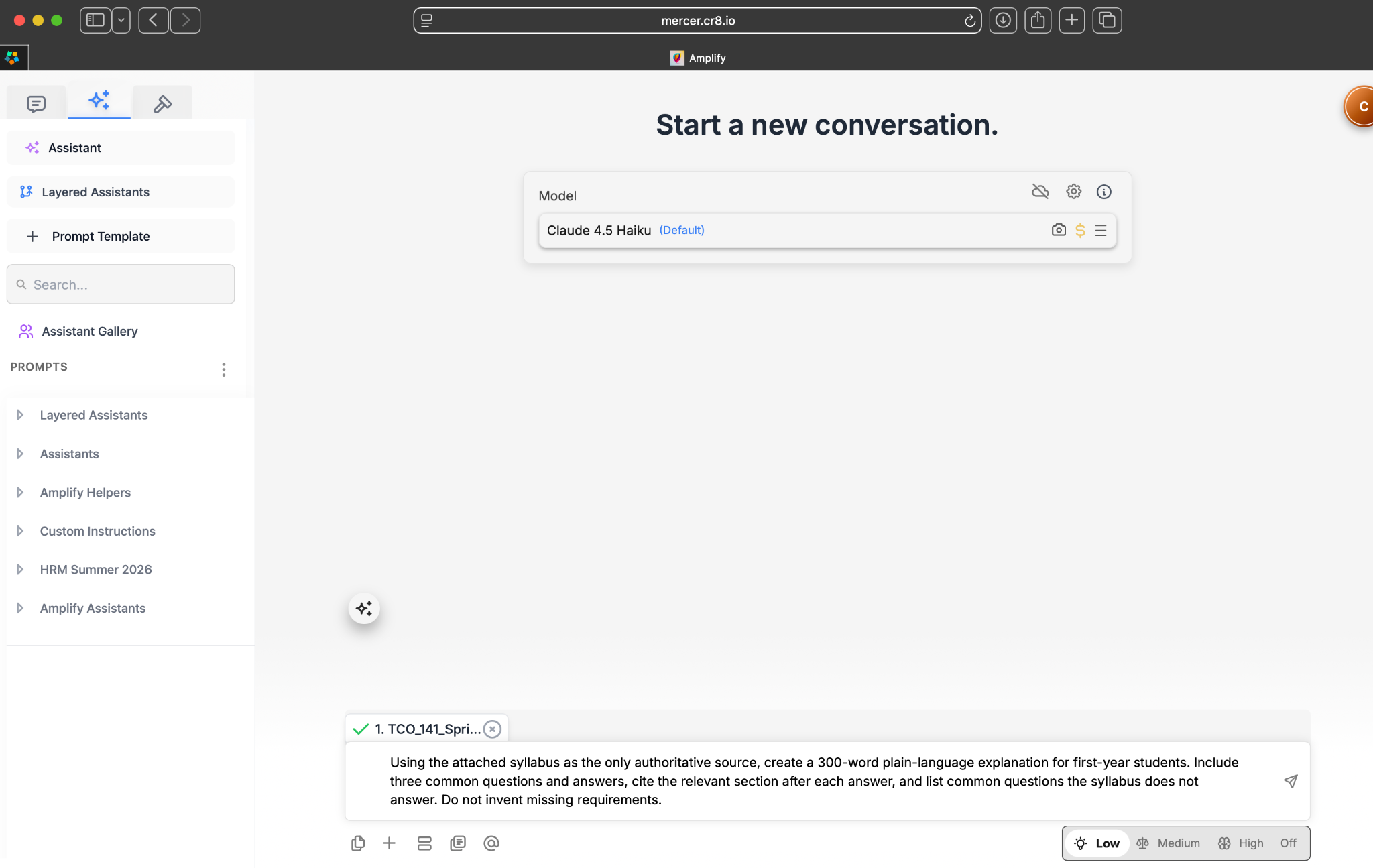 AmplifyAI conversation showing an attached syllabus file with a green check mark and a prompt directing the model to use the syllabus as its source.