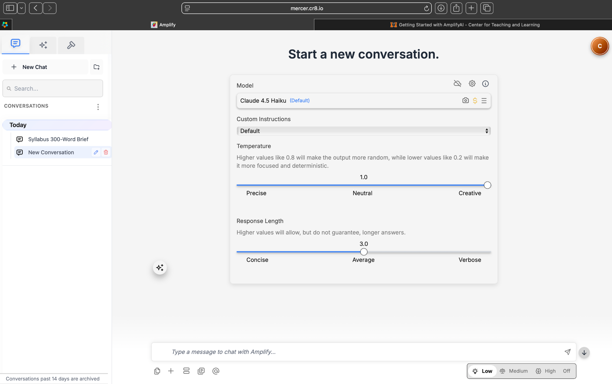AmplifyAI model settings showing Custom Instructions, Temperature, and Response Length controls.