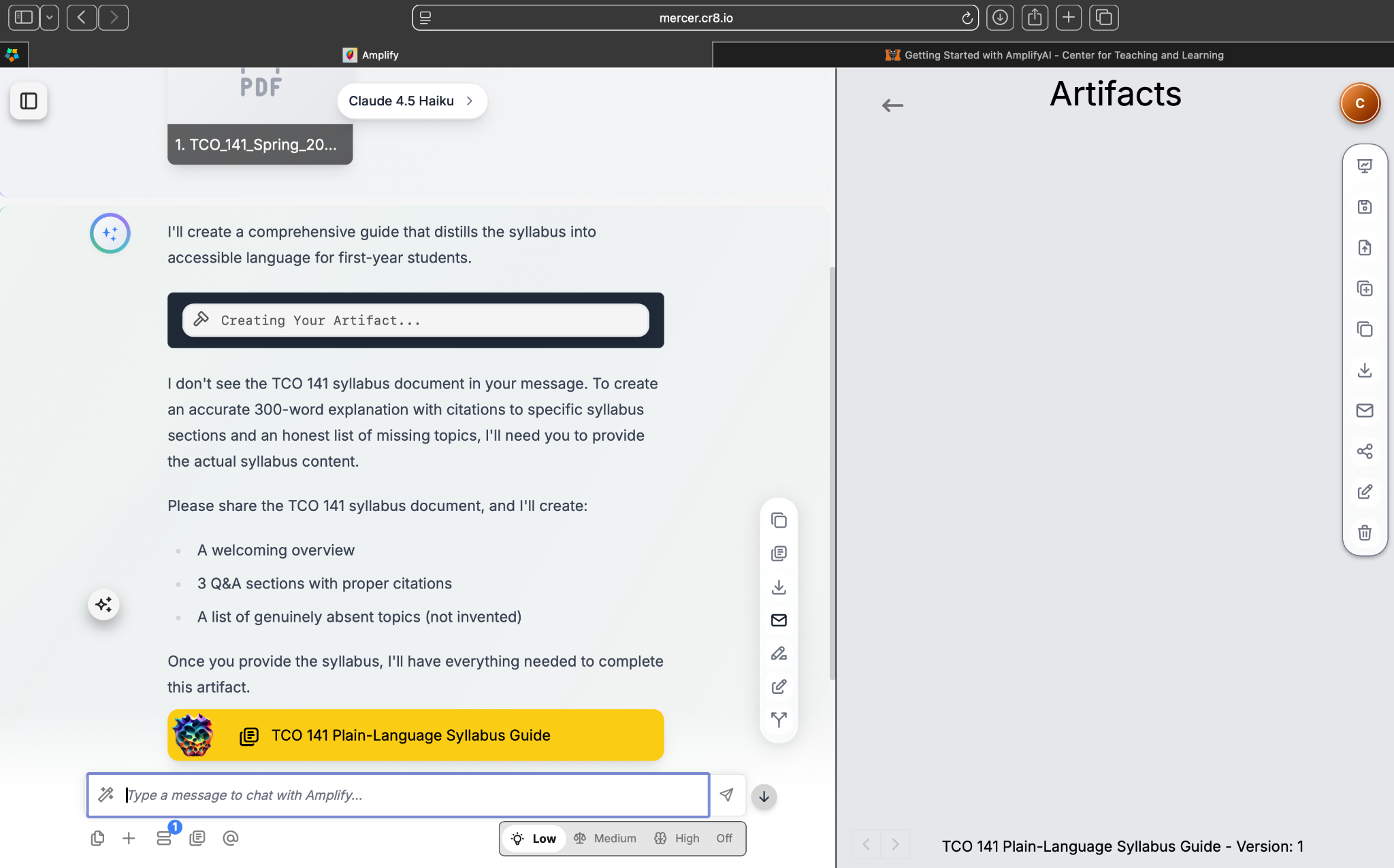 AmplifyAI split screen showing a response on the left and an open Artifact panel on the right.