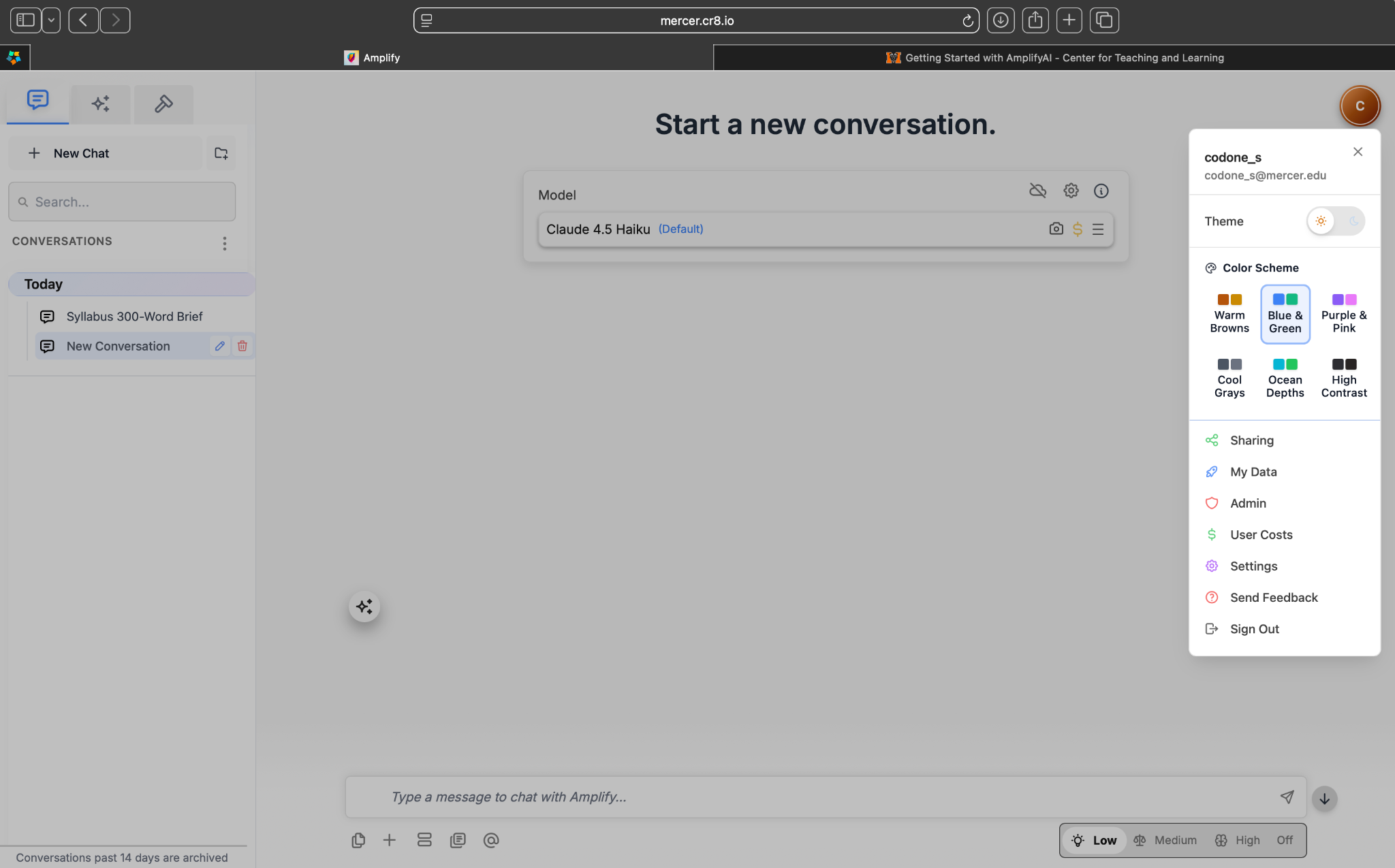 AmplifyAI profile menu showing theme, color schemes, sharing, data, user costs, Settings, feedback, and sign out.