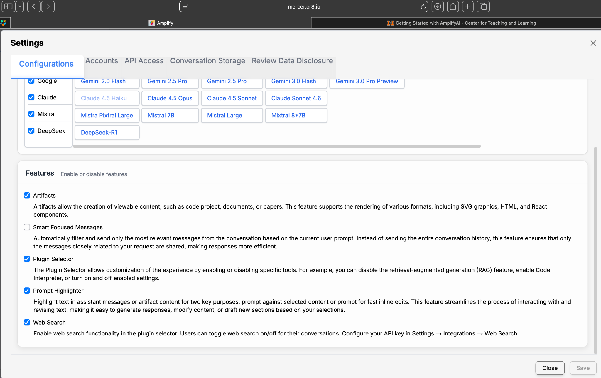 AmplifyAI Settings window showing feature controls with Smart Focused Messages unchecked.