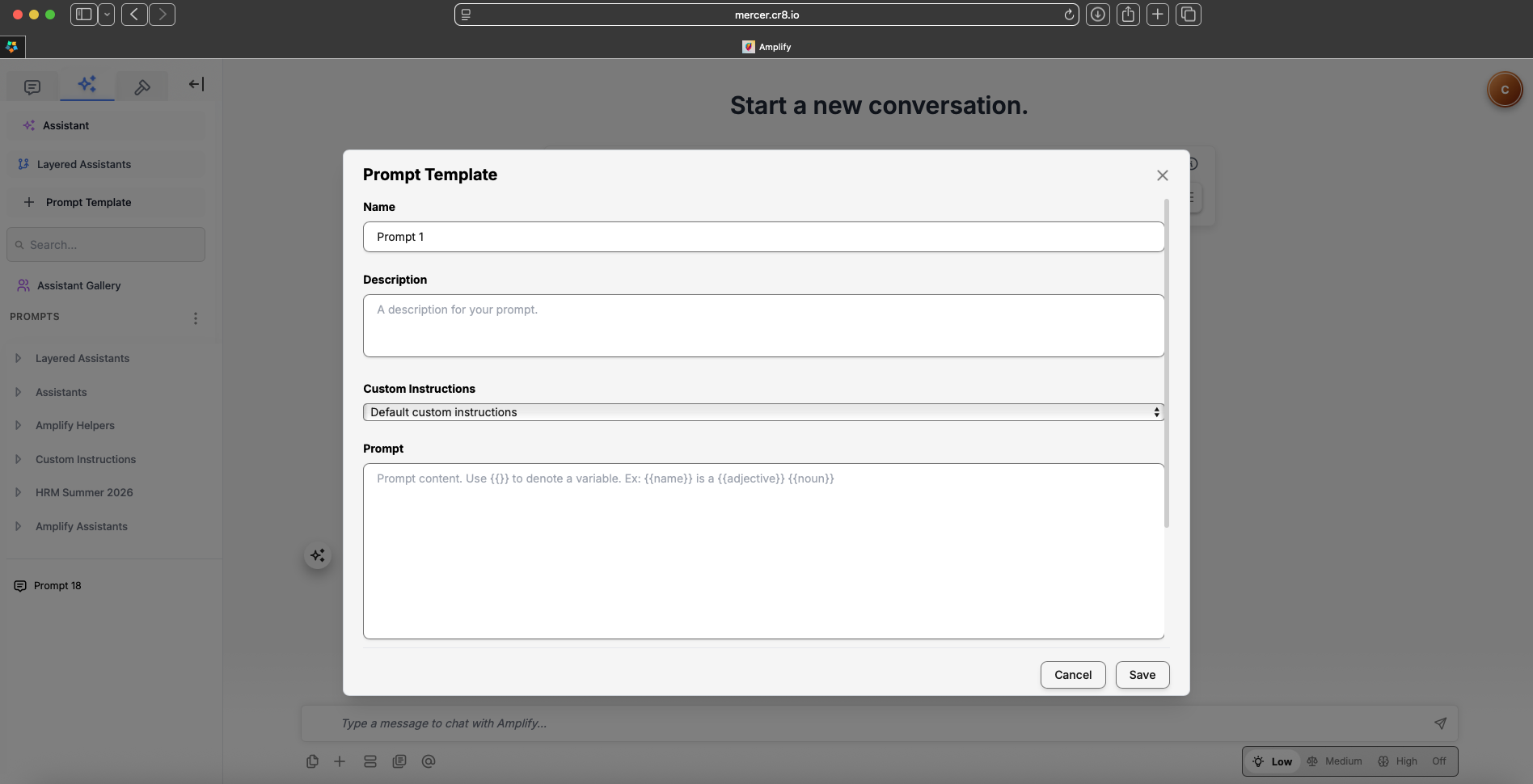 Prompt Template dialog showing fields for a name, description, Custom Instructions, and reusable prompt content.