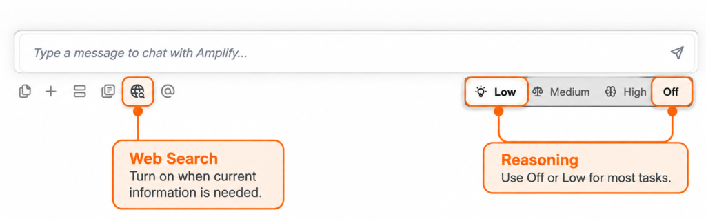 Reasoning and web search icons in AmplifyAI