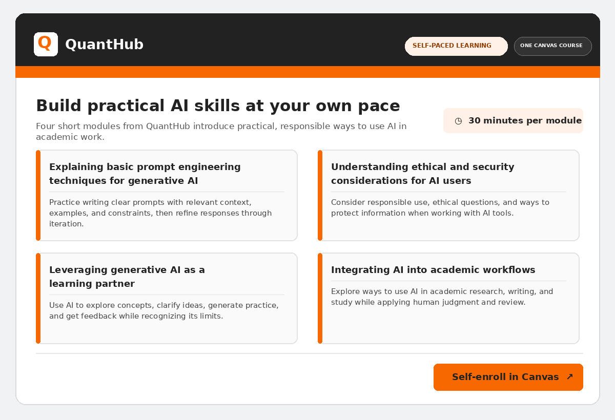 QuantHub: four modules in one Canvas course, 30 minutes per module. Learn prompt engineering, ethical and security considerations, AI as a learning partner, and AI in academic workflows. Select this card to self-enroll in Canvas.